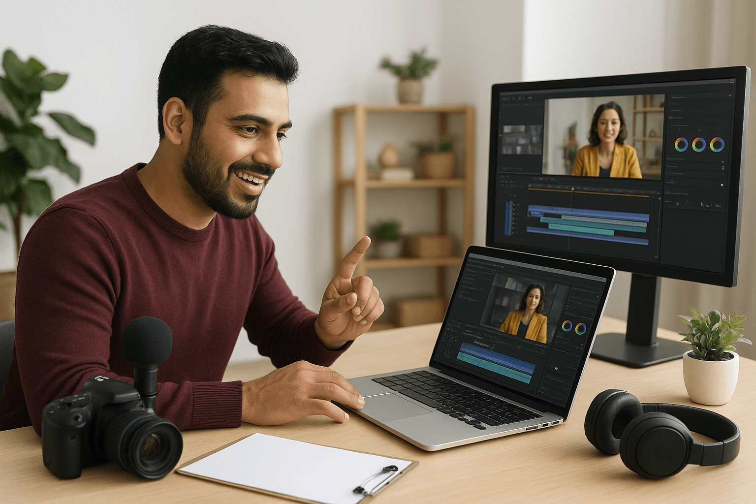 Ein Einsteigerleitfaden zu Projektumfang, Quellenorganisation, Rohschnitt, Ton, Untertiteln, Hintergrundwechsel, Exportproblemen und Überprüfung. Redaktionelles Bild eines Einsteigers, der ein Präsentationsvideo am Desktop-Schnittplatz prüft