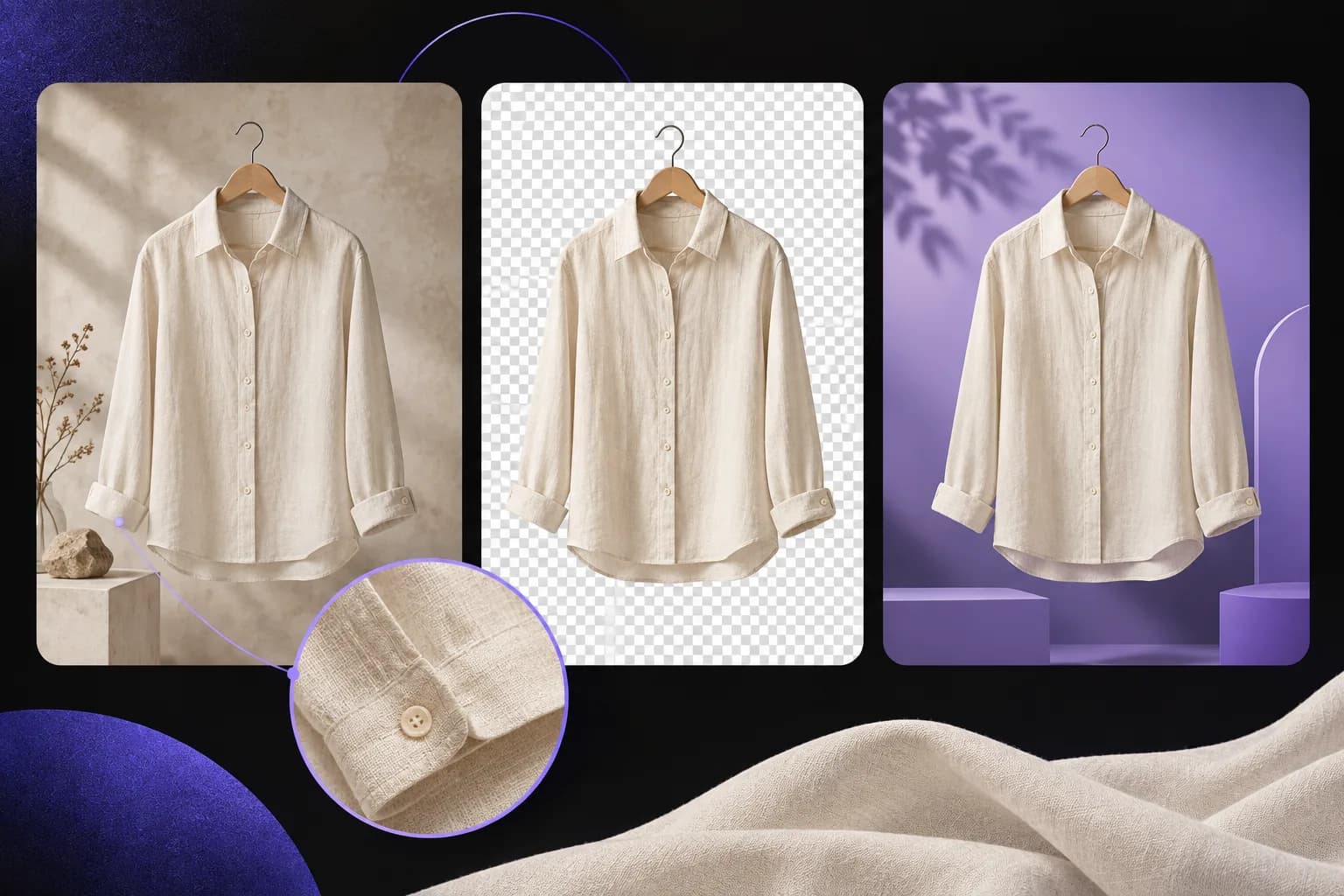 A clothing-photo workflow covering source preparation, white and transparent backgrounds, sheer fabrics, batch consistency, and final product-image checks. Illustrated linen shirt on an original backdrop, a transparent canvas, and a violet background with a fabric-detail inset