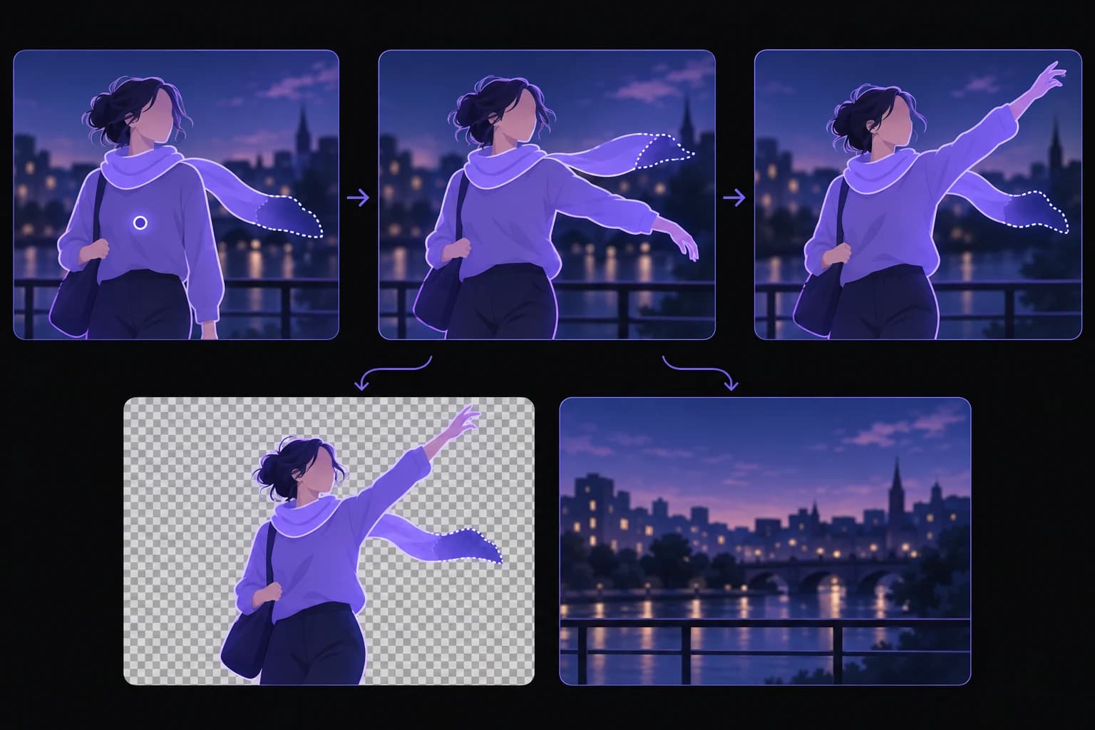 A practical explanation of promptable video segmentation, the difference between a mask and an alpha matte, and the work between a model output and a finished video. Illustration of a prompted subject mask moving across video frames and separating into foreground and background layers