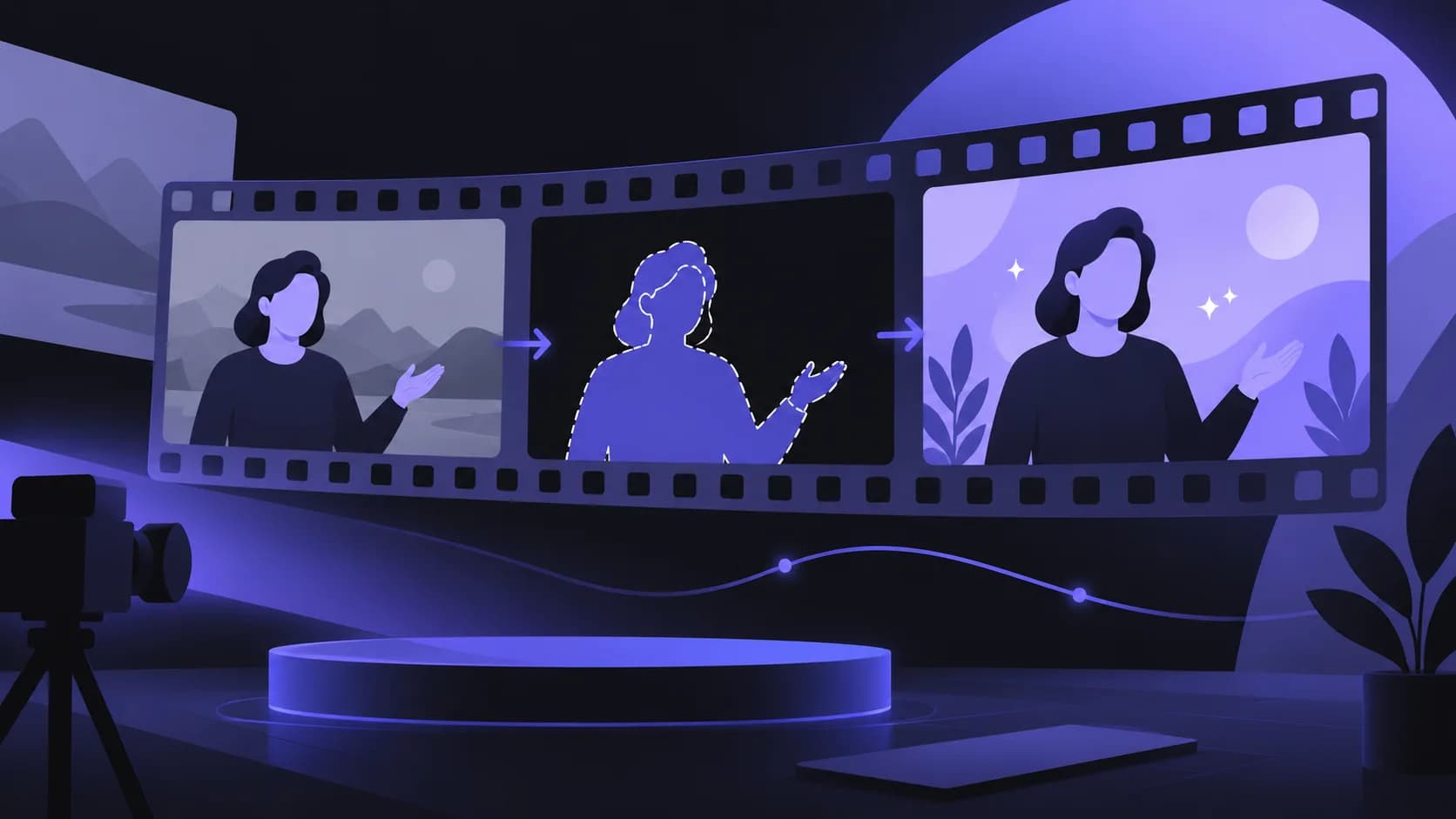 A developer and creator guide to moving from SAM 3 object masks to a reviewed video composite, with practical boundaries for hardware and export decisions. Illustrated video frames progressing from source footage through a subject mask to a replacement background