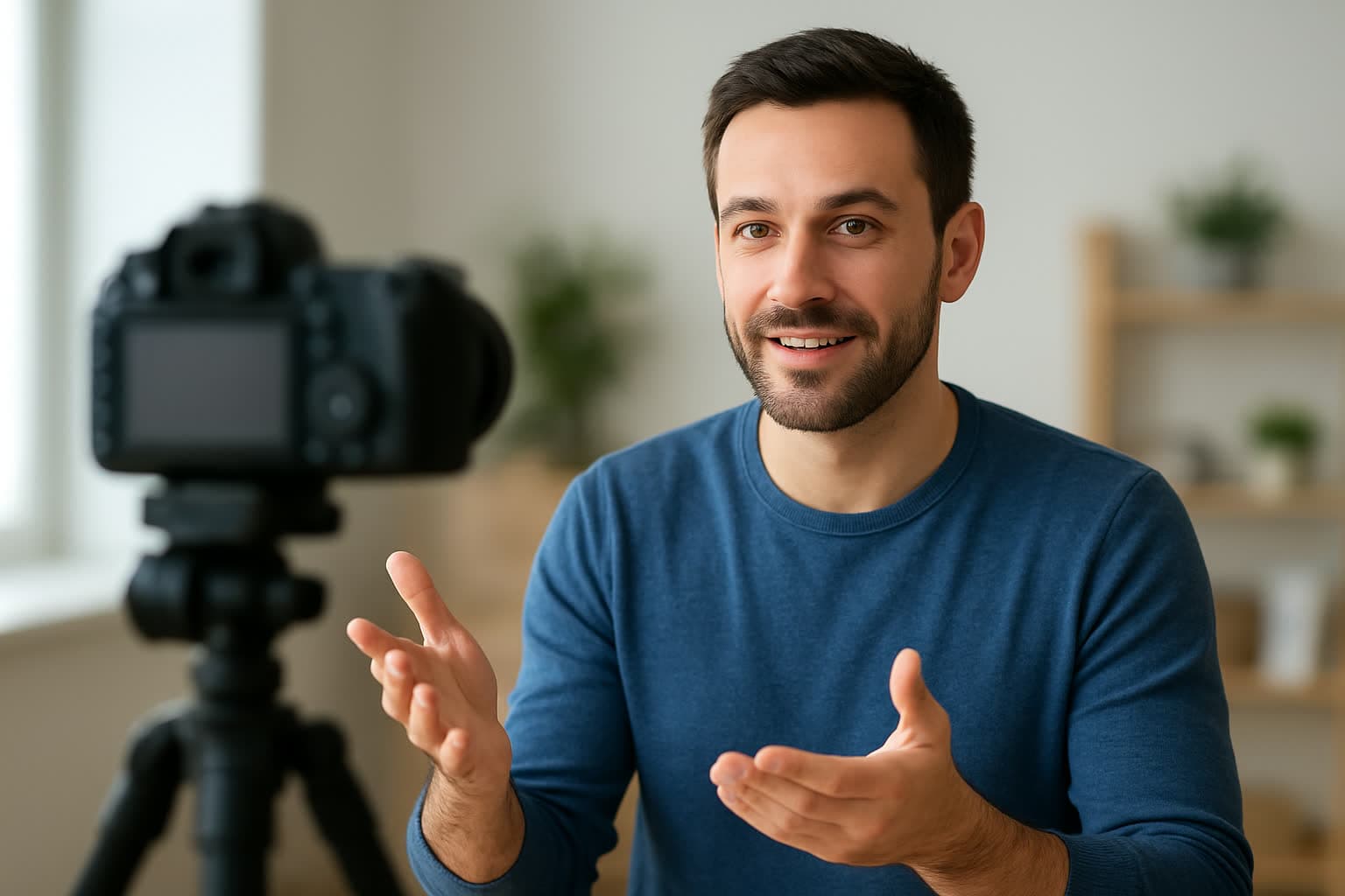 Una guía por tareas sobre el desenfoque de fondo en video que abarca BGBlur, Teams, Zoom, la edición en modo Cinematic, las máscaras de escritorio, los límites de privacidad y la revisión de la exportación. Imagen editorial de un presentador enfocado mientras la habitación detrás de él aparece suavemente desenfocada
